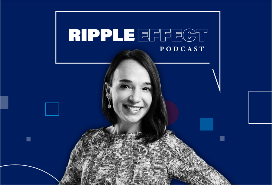 Headshot of Cait Lamberton in front of Ripple Effect podcast logo for her episode on understanding cryptocurrency