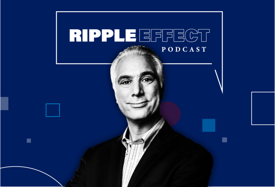 Headshot of Kevin Werbach in front of Ripple Effect podcast logo for his episode on cryptocurrency and blockchain