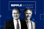 Headshot of John Zhang and David Reibstein in front of Ripple Effect podcast logo for their episode on confidence in cryptocurrency