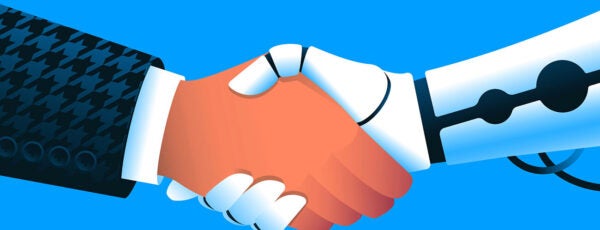 Closeup illustration of a businessman and a robot shaking hands to show human-AI collaboration