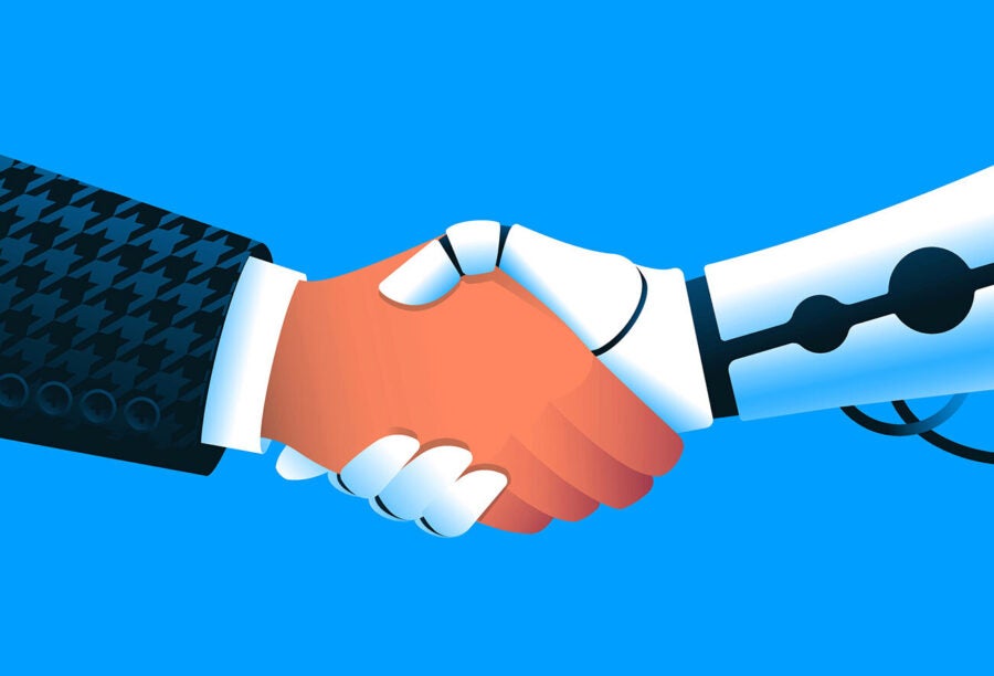 Closeup illustration of a businessman and a robot shaking hands to show human-AI collaboration