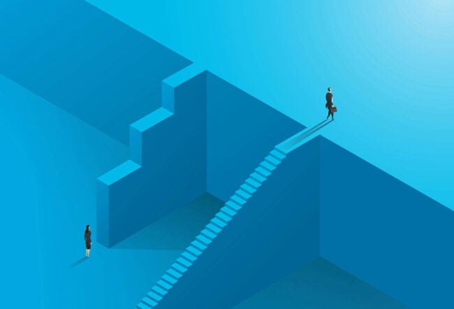 Illustration of a male employee at the top of a staircase while a female employee is at the bottom of a staircase with huge steps. Why does gender income inequality still exist in the U.S.?