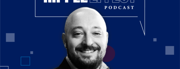 Headshot of Daniel Rock in front of Ripple Effect podcast logo for his episode on AI's impact on productivity and innovation