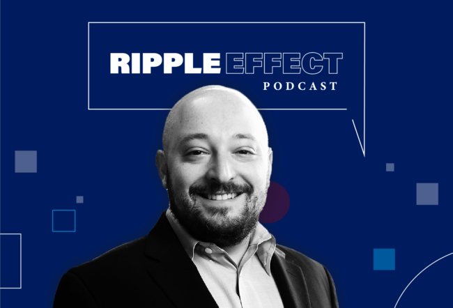 Headshot of Daniel Rock in front of Ripple Effect podcast logo for his episode on AI's impact on productivity and innovation