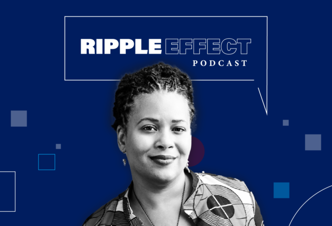 Headshot of Lindsey Cameron in front of Ripple Effect podcast logo for her episode on algorithmic management