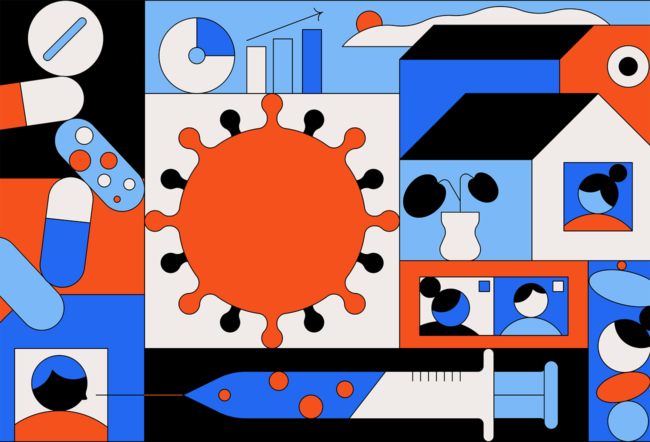 Abstract illustration of COVID-19 related themes, including the virus, vaccines and medicine, and people quarantining in their homes