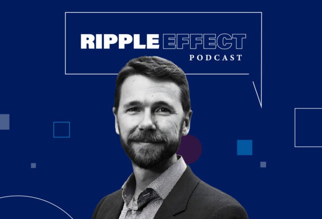 Headshot of Benjamin Lockwood in front of Ripple Effect podcast logo for his episode on sin taxes