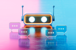 3D rendering of an AI chatbot or robot surrounded by speech bubbles on a reflective blue and pink surface