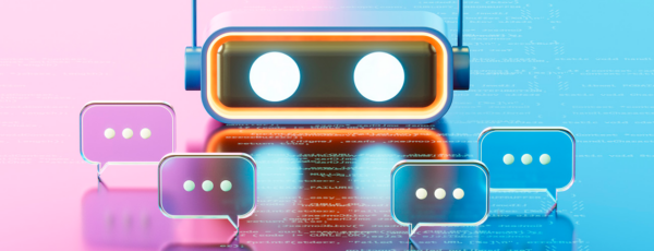 3D rendering of an AI chatbot or robot surrounded by speech bubbles on a reflective blue and pink surface