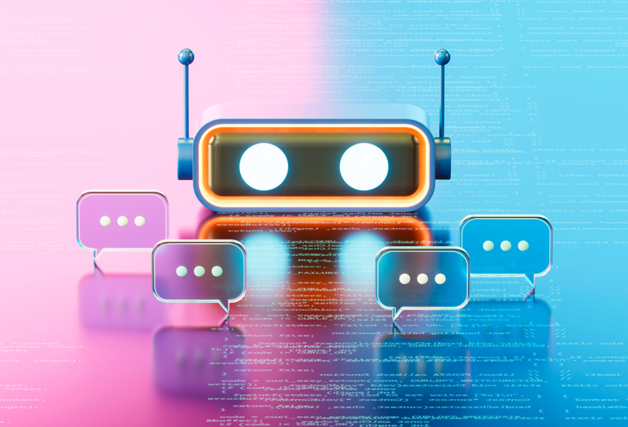 3D rendering of an AI chatbot or robot surrounded by speech bubbles on a reflective blue and pink surface