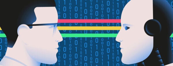 A human and a robot face each other with binary code in the background, connected by colorful lines, symbolizing human-AI interaction.