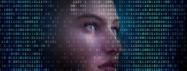 Human face with a binary code overlay