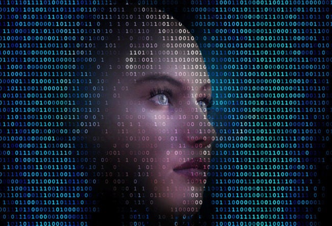 Human face with a binary code overlay