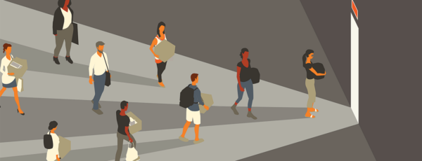 Illustration of laid off employees walking toward an exit door while carrying their belongings