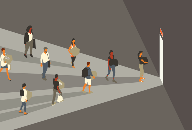 Illustration of laid off employees walking toward an exit door while carrying their belongings