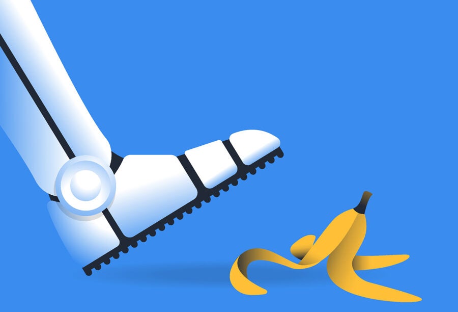 Illustration of a robot foot about to step on a banana peel