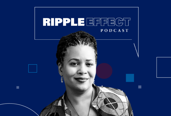 Headshot of Lindsey Cameron in front of Ripple Effect podcast logo for her episode on wellness at work