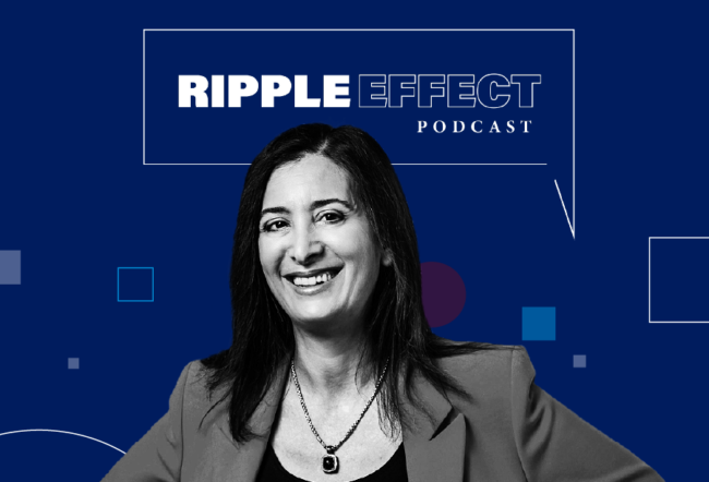 Headshot of Nancy Rothbard in front of Ripple Effect podcast logo for her episode on wellness at work