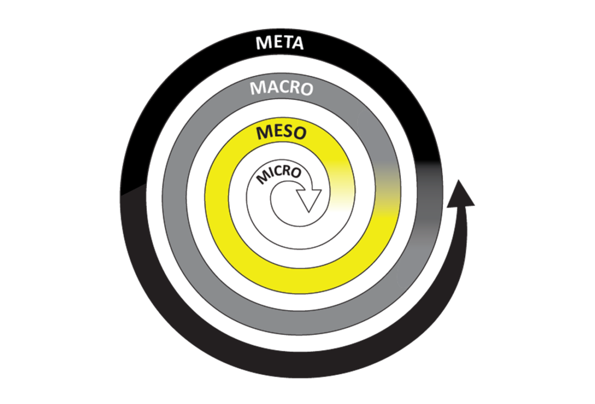 A spiral with each ring labeled micro, meso, macro, and the meta from the inside out