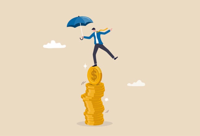 Illustration of a businessman holding an umbrella while balancing on a stack of coins