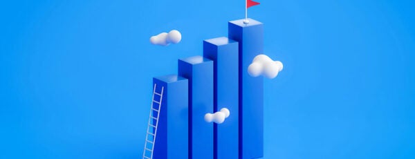 3D illustration of a ladder leaning on a blue bar graph leading to a red flag.