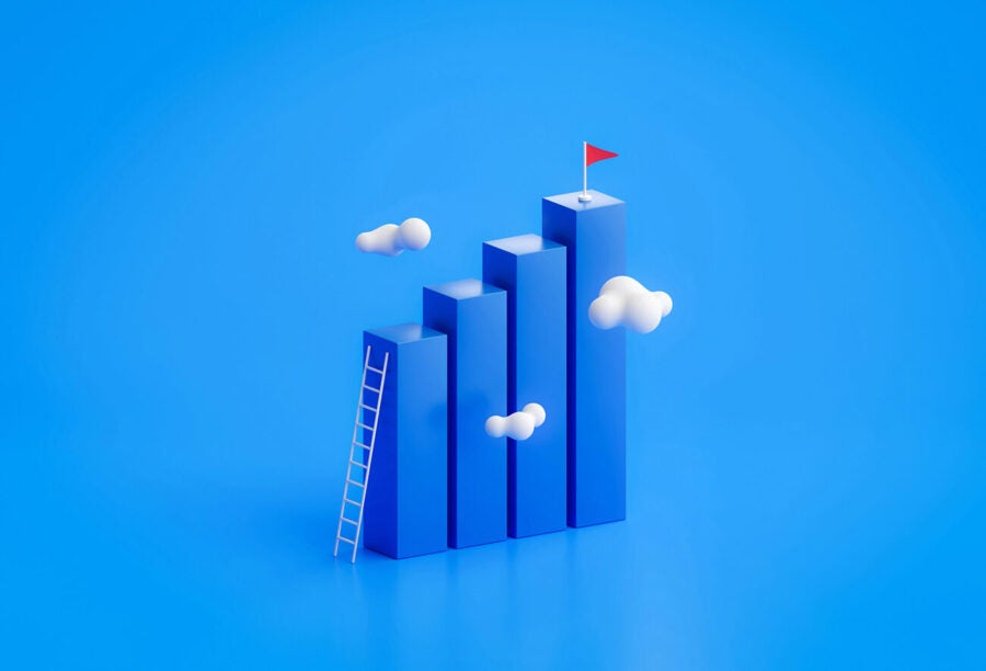 3D illustration of a ladder leaning on a blue bar graph leading to a red flag.
