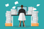 Illustration of a worker typing on a laptop and surrounded by piles of paperwork because of the AI efficiency trap