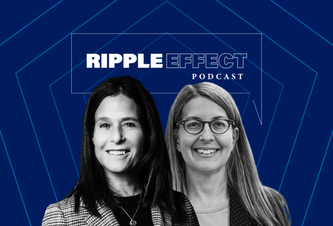 Headshots of Barbara Kahn and Elizabeth Johnson in front of the Ripple Effect podcast logo