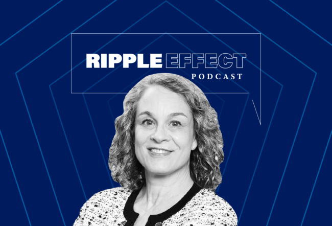 Headshot of Lori Rosenkopf in front of Ripple Effect podcast logo