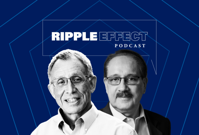 Headshots of Mike Useem and Harbir Singh in front of the Ripple Effect podcast logo