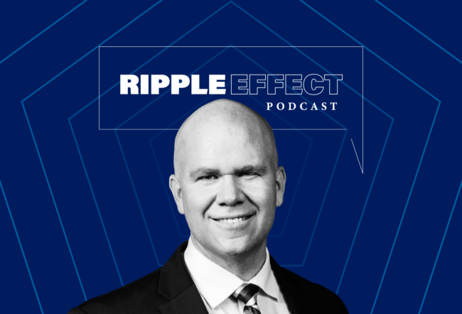 Headshot of Peter Conti Brown in front of Ripple Effect podcast logo
