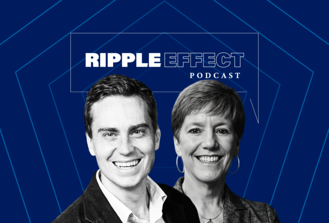 Headshots of Tyler Wry and Katherine Klein in front of the Ripple Effect podcast logo