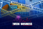 Yellow tape with Tariffs written on it covering shipping containers