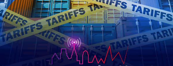 Yellow tape with Tariffs written on it covering shipping containers