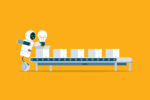 Illustration of a robot putting a lightbulb into a factory line of boxes to show how AI reduces idea diversity and limits creativity