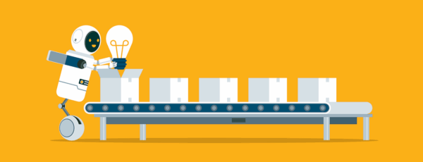 Illustration of a robot putting a lightbulb into a factory line of boxes to show how AI reduces idea diversity and limits creativity