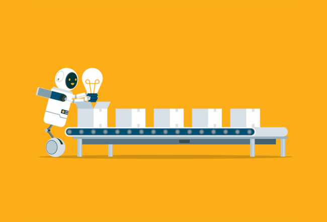 Illustration of a robot putting a lightbulb into a factory line of boxes to show how AI reduces idea diversity and limits creativity