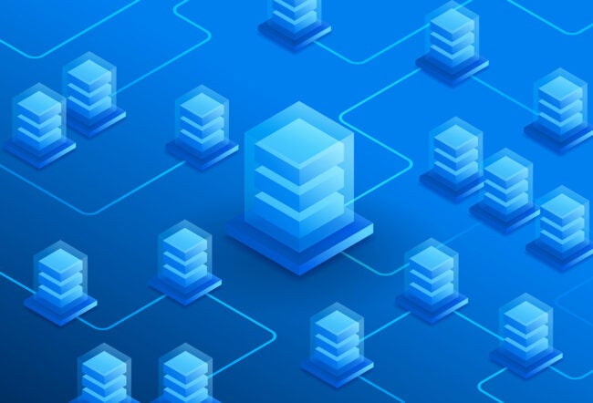 Illustration of blue circuit boards connected to each other to imply data-sharing networks