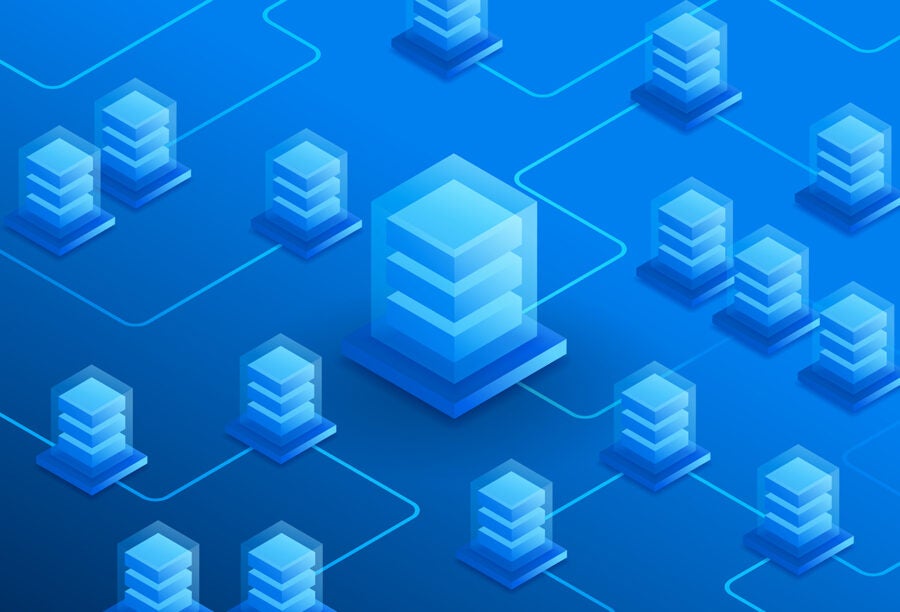 Illustration of blue circuit boards connected to each other to imply data-sharing networks