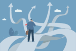 Illustration of a businessman standing on several arrows that are all pointing different directions