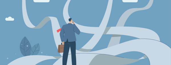 Illustration of a businessman standing on several arrows that are all pointing different directions