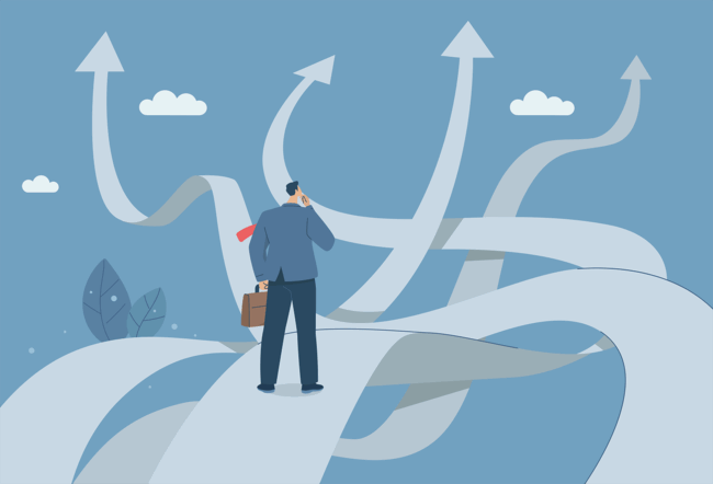 Illustration of a businessman standing on several arrows that are all pointing different directions