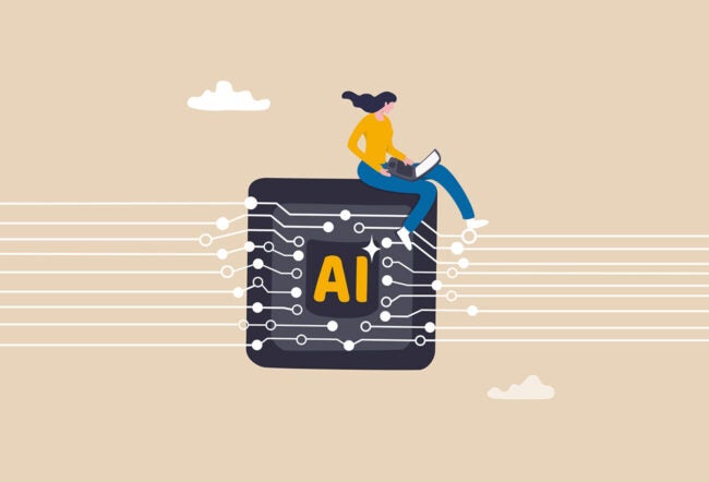 Illustration of a person using a laptop while sitting on top of a giant AI chip
