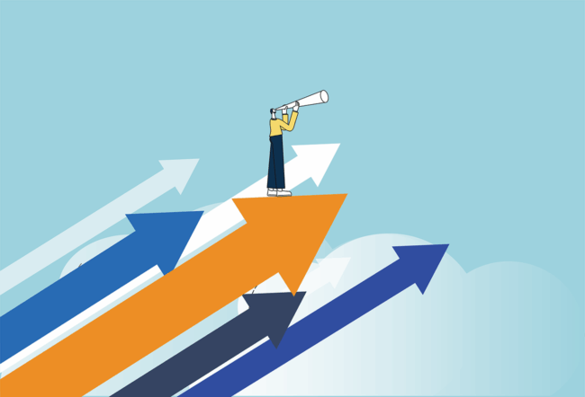 Illustration of colorful arrows pointing upward and a person standing on the largest arrow holding a telescope