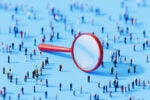 3D illustration of a giant magnifying glass surrounded by a crowd of people to show how firm-driven search impacts startup growth