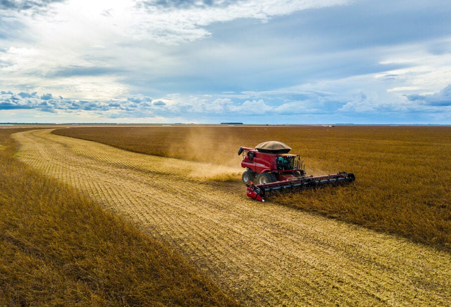 A red combine harvester in a vast field under a cloudy sky. The machine is harvesting crops, leaving a clear path behind.