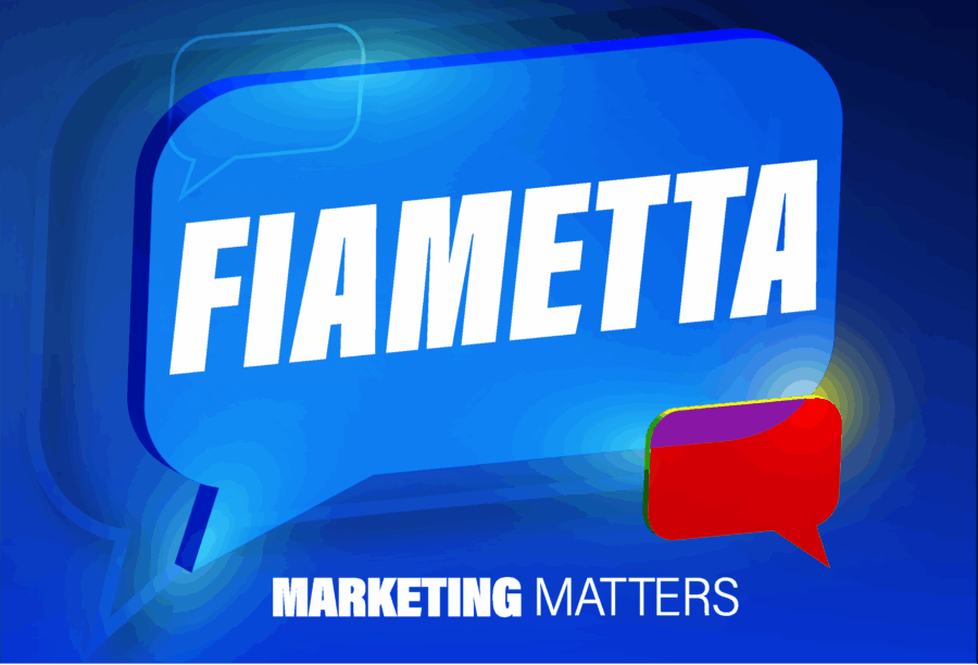 Blue and red speech bubbles with "FIAMETTA" and "MARKETING MATTERS" text on a blue background, suggesting a focus on communication or branding.