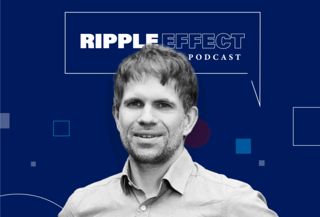 Headshot of Henning Piezunka in front of Ripple Effect podcast logo