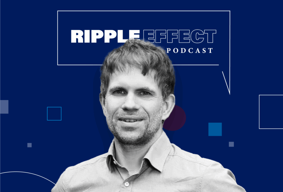 Headshot of Henning Piezunka in front of Ripple Effect podcast logo