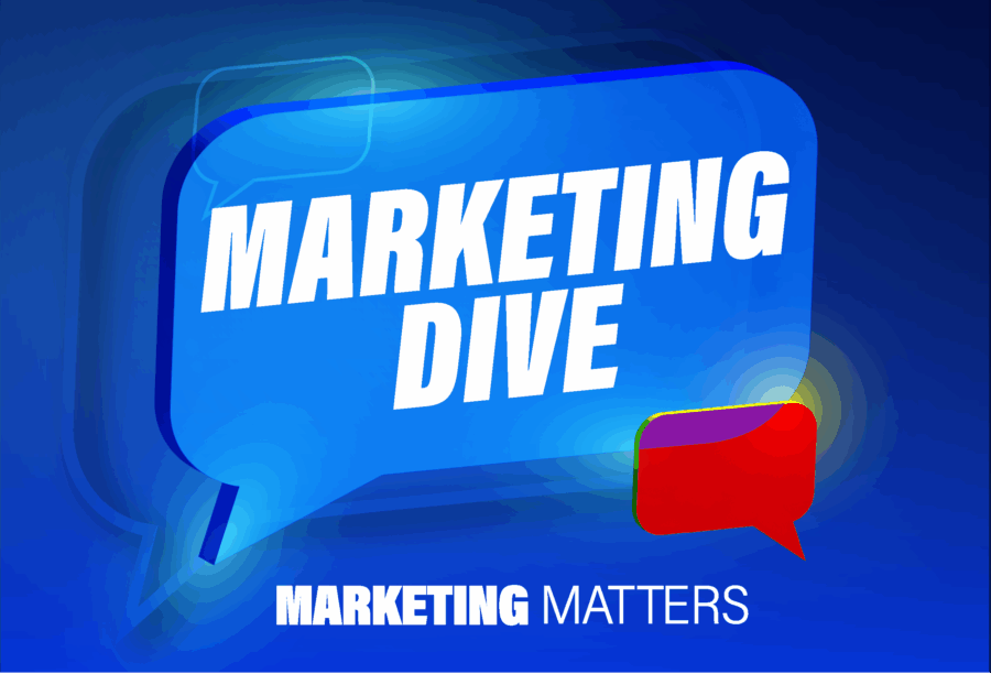 Speech bubble graphics with the text "Marketing Dive" in large letters and "Marketing Matters" below, set against a blue background.